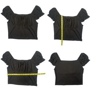 Black Crop Top Womens XS 13" Bust Puff Sleeve Ruched Milkmaid BOHO Cottagecore